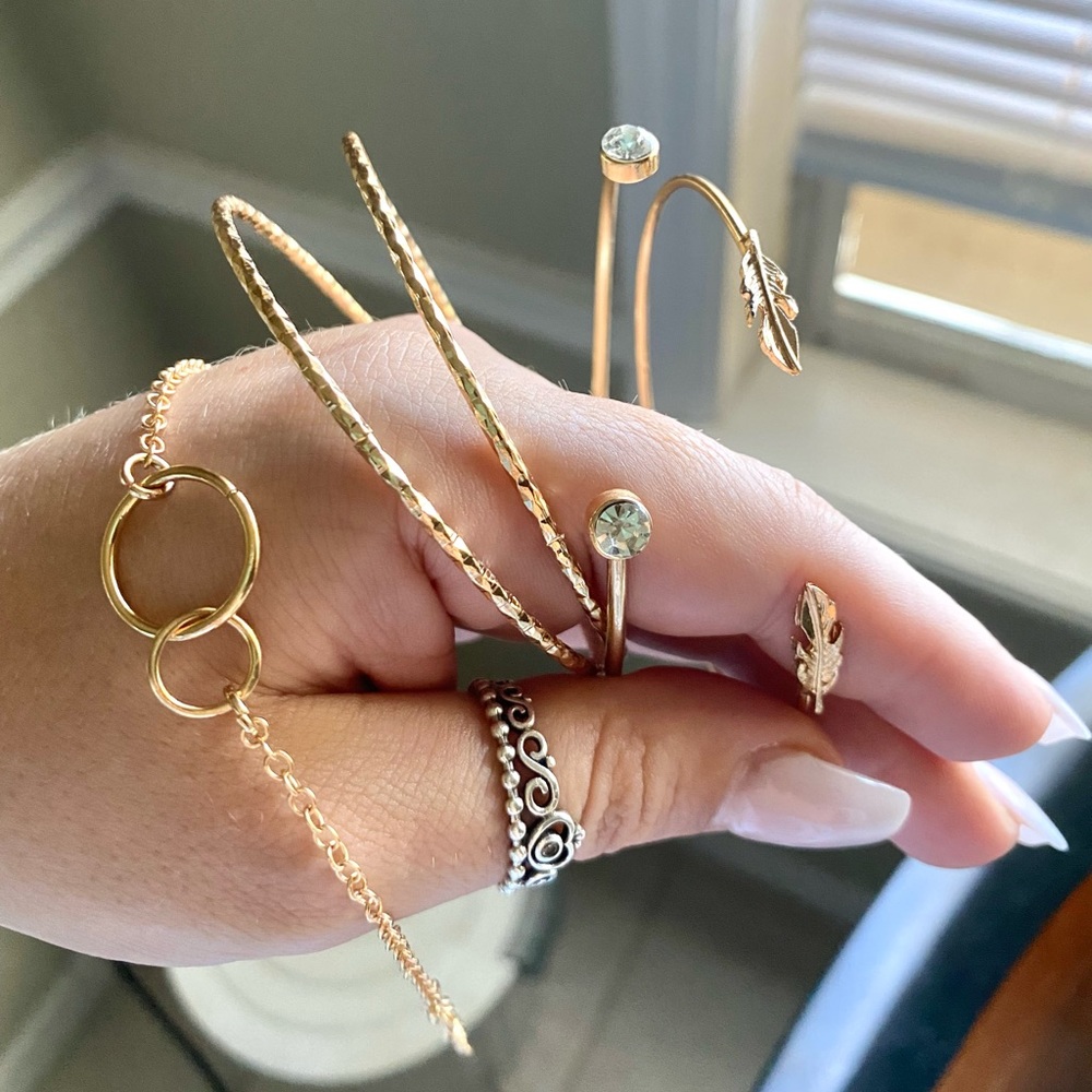 Lot of 5 Gold Rhinestone Open Cuff & Bangle Bracelets - NEW